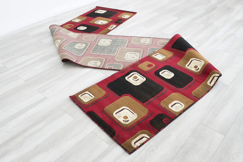 Red and Brown Machine Carved Runner with Ivory and Beige Geometric Design Y737840