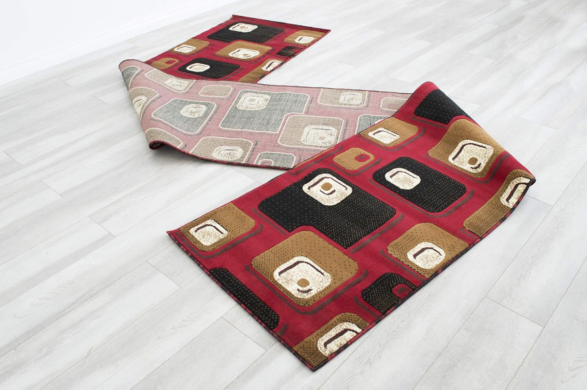 Red and Brown Machine Carved Runner with Ivory and Beige Geometric Design Y737840