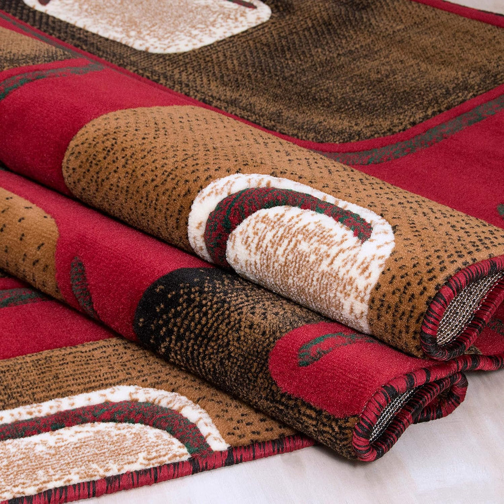 Red and Brown Machine Carved Runner with Ivory and Beige Geometric Design Y737840
