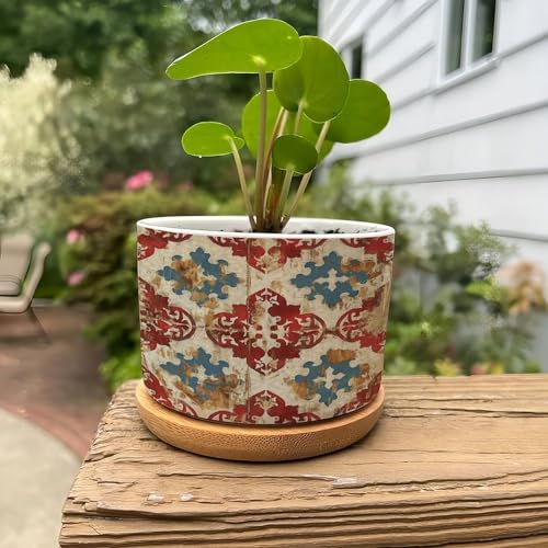 Blue And White Porcelain Ceramic Round Plant Pot with Drainage Holes And Bamboo Tray V814