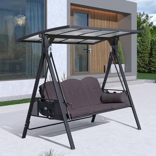 Grey 3-seat Outdoor Swing Chair with Canopy and Cup Holder C603