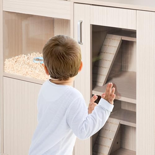 4-Tier Wooden Hamster Cage with Storage Cabinet, Openable Top, Acrylic Windows (Teak) S924154