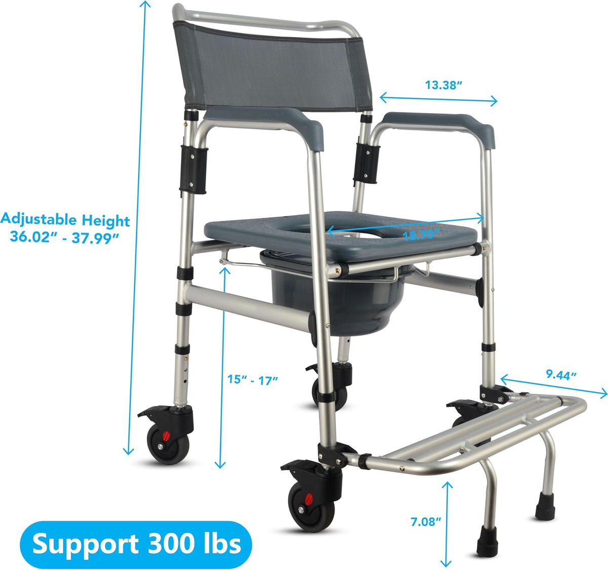 3-in-1 Aluminum Bedside Commode Toilet Shower Chair with Swivel Wheels K7959