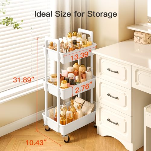 White 3 Tier Plastic Rolling Cart with Lockable Wheels B8386