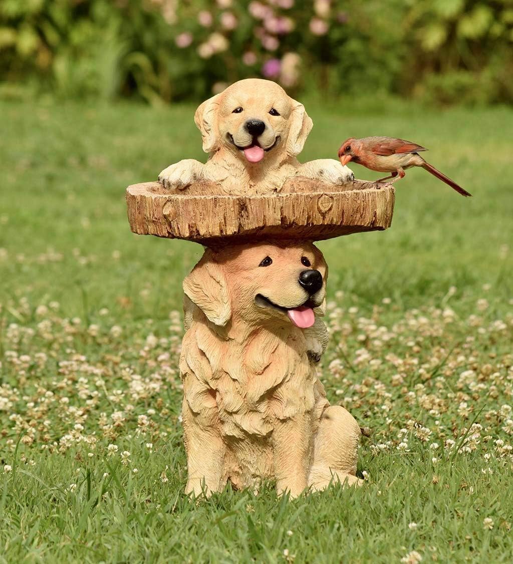 Two Playful Golden Retriever Puppies Resin Birdbath, 13¼ Dia. x 22 H T606178
