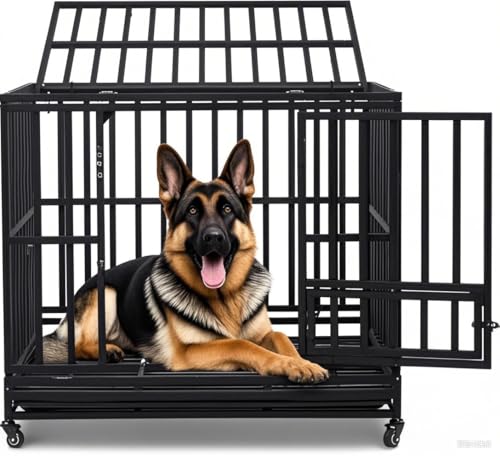 42" Large Metal Wire Dog Crate with Lockable Wheels, Double Door R90746