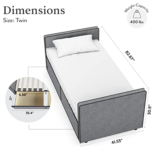 Twin Size Platform Bed Frame with 2 Storage Drawers in Gray Fabric G82666