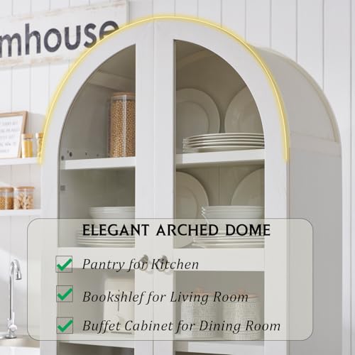 White Arched Wood Kitchen Pantry with 2 Drawers and Adjustable Shelves Q3809