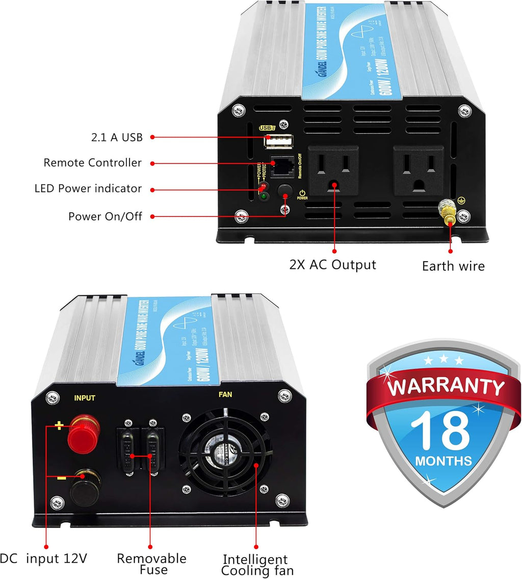 Pure Sine Wave 600Watt Power Inverter with Remote Control Dual AC Outlets and USB Port C146204