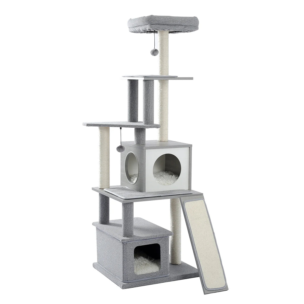 Grey Wood Cat Tree with Sisal Scratching Post E33581