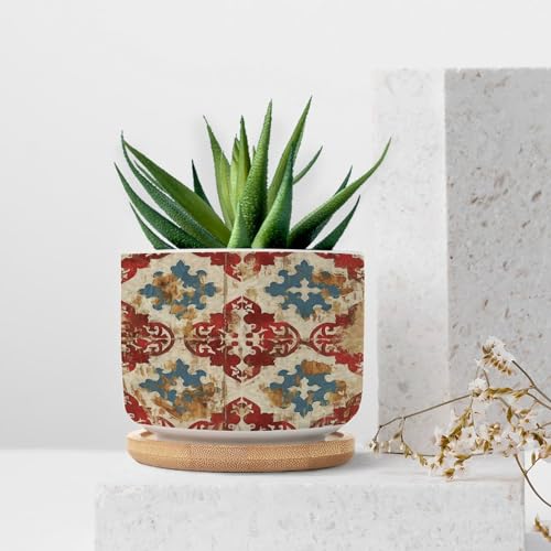 Blue And White Porcelain Ceramic Round Plant Pot with Drainage Holes And Bamboo Tray V814