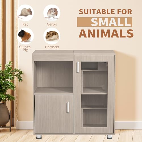 4-Tier Wooden Hamster Cage with Storage Cabinet, Openable Top, Acrylic Windows (Teak) S924154