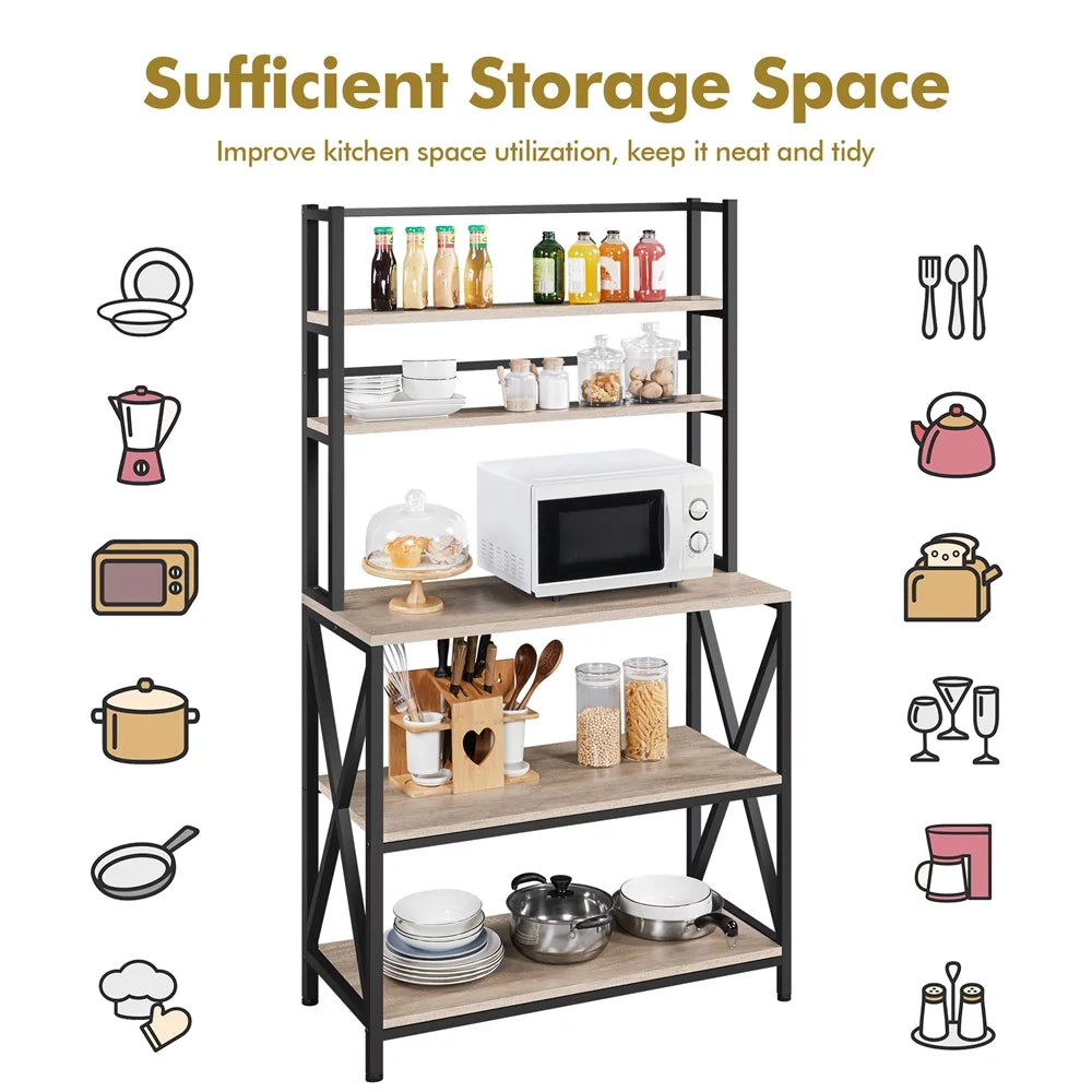 5-Tier Industrial Wood Baker’s Rack Storage Shelf, Gray Y2778