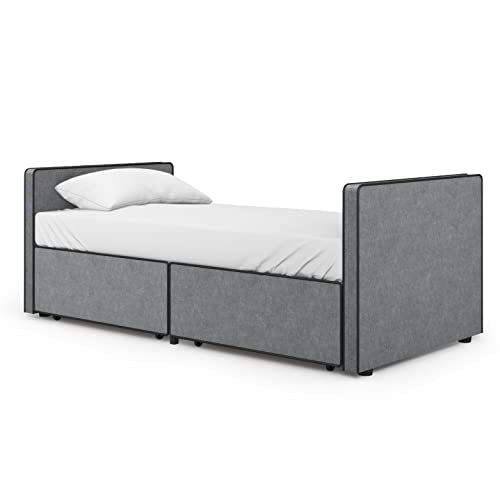 Twin Size Platform Bed Frame with 2 Storage Drawers in Gray Fabric G82666
