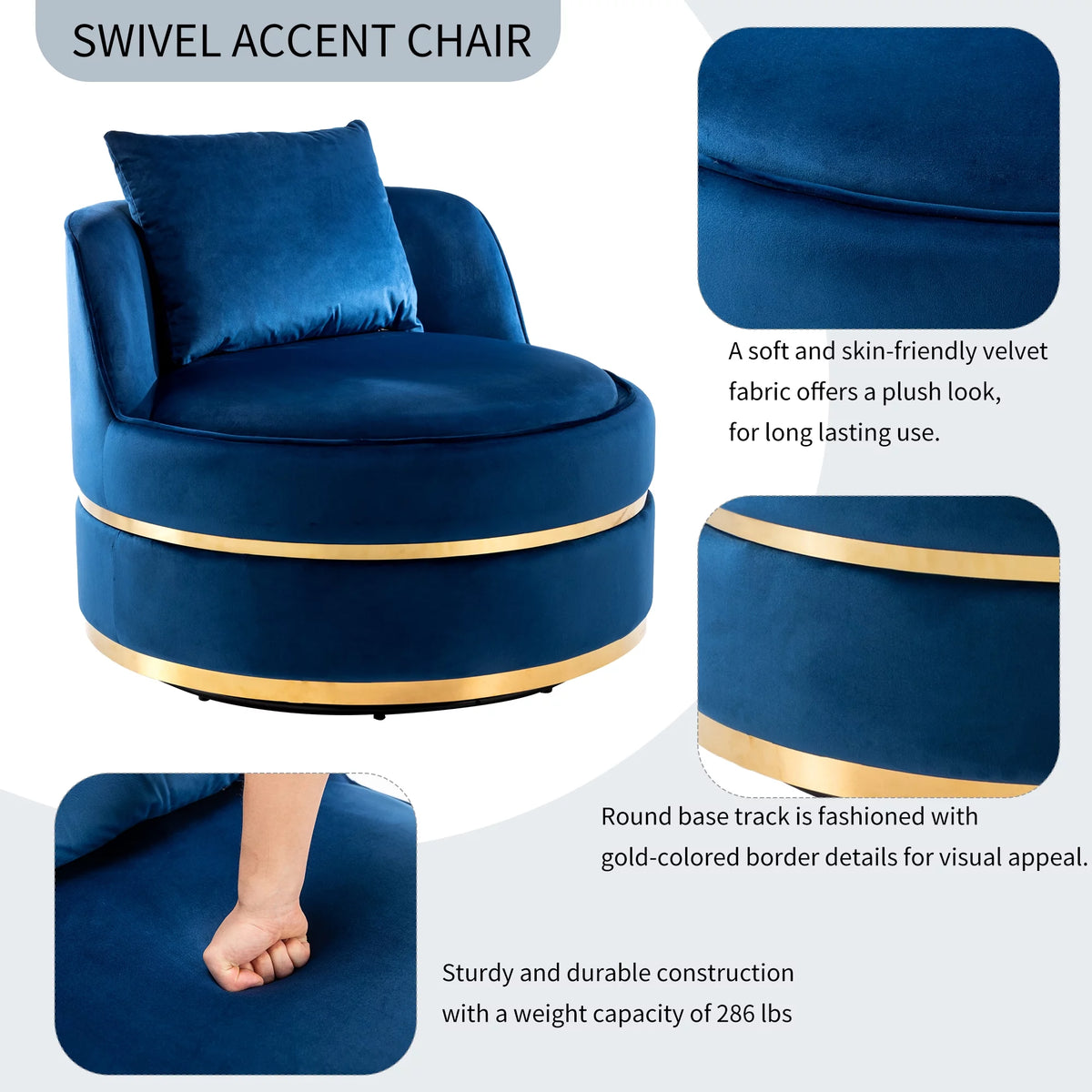 Blue Velvet Swivel Accent Barrel Chair with Seat Cushion R160