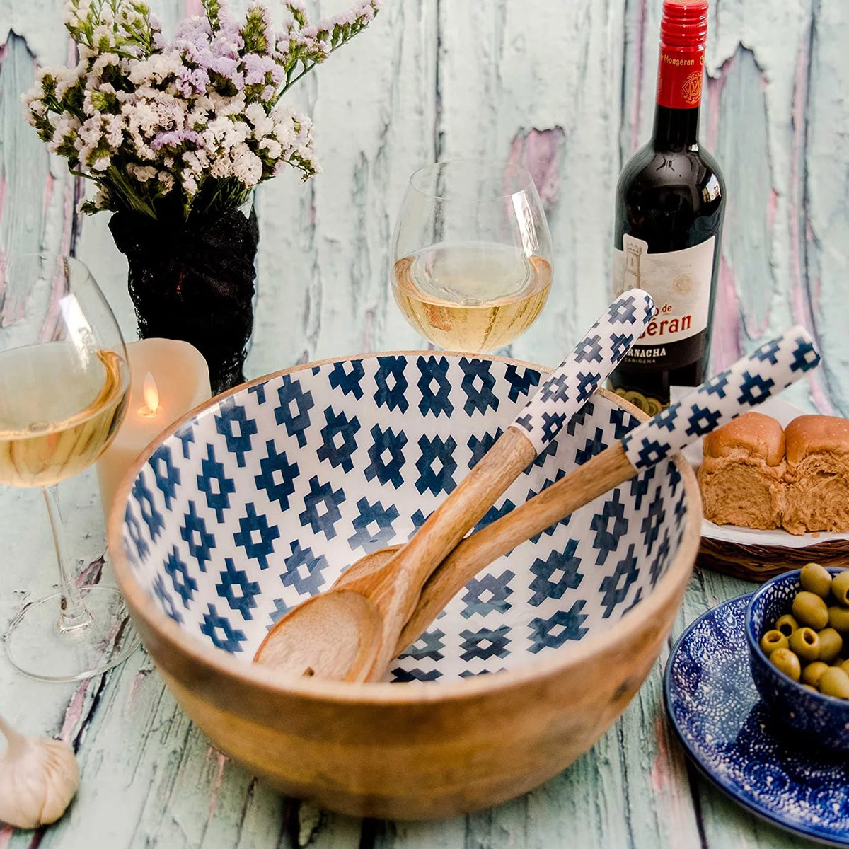 Mango Wood Salad Bowl with Serving Tongs Q9367