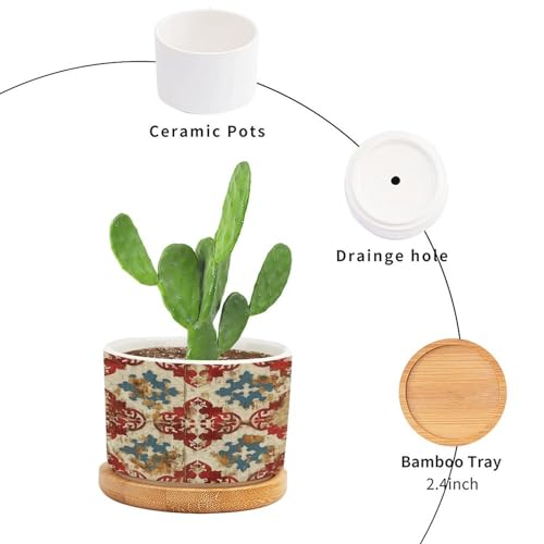 Blue And White Porcelain Ceramic Round Plant Pot with Drainage Holes And Bamboo Tray V814
