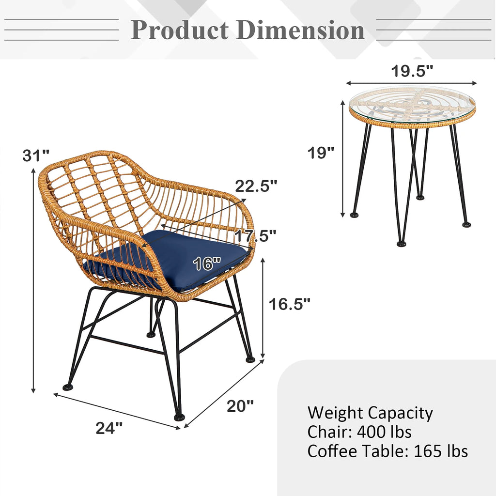 3 Pc Cushioned Patio Rattan Bistro Set R894