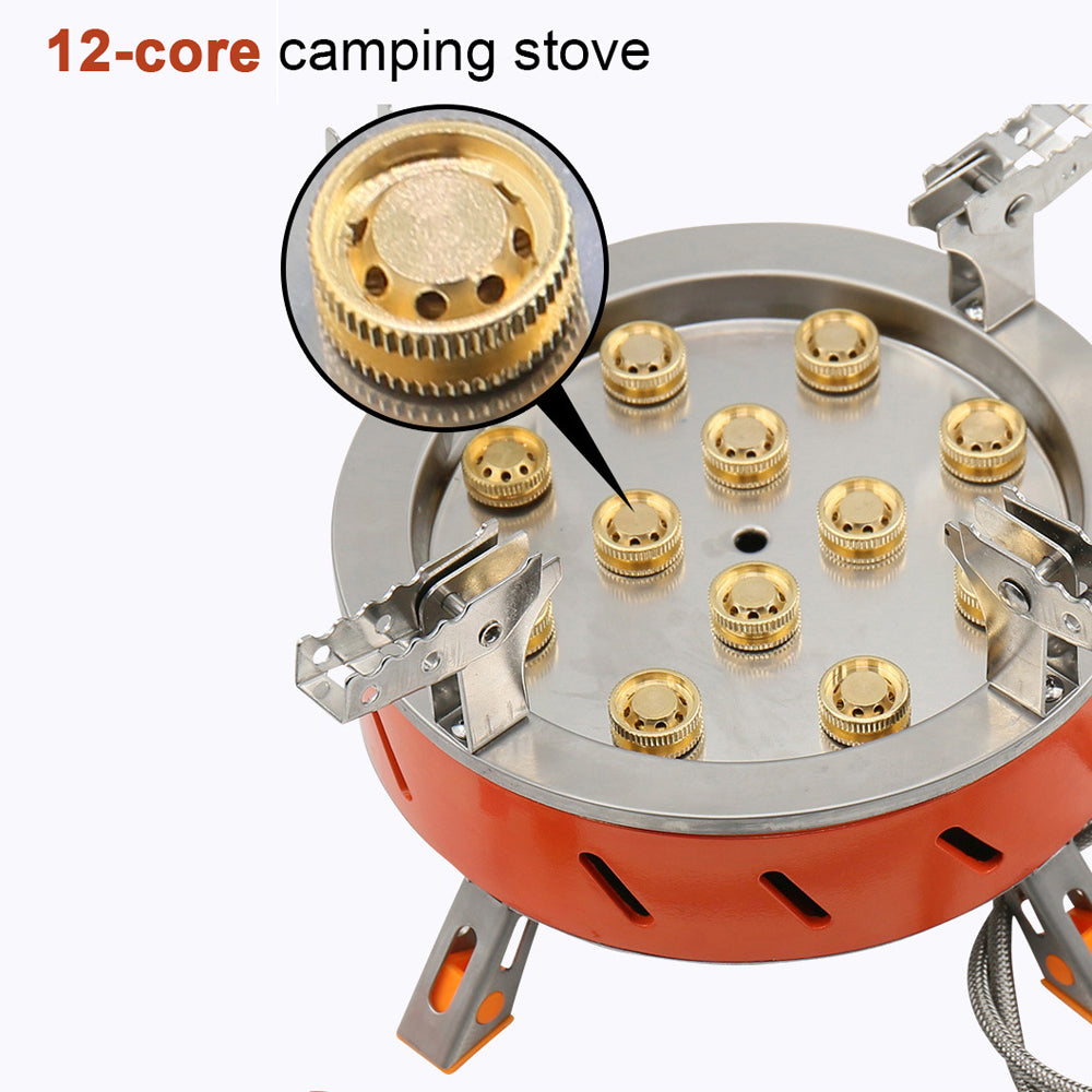 12-Core High-Power Windproof Camping Gas Burner with Piezo Ignition Adjustable Valve Storage Bag Q3414