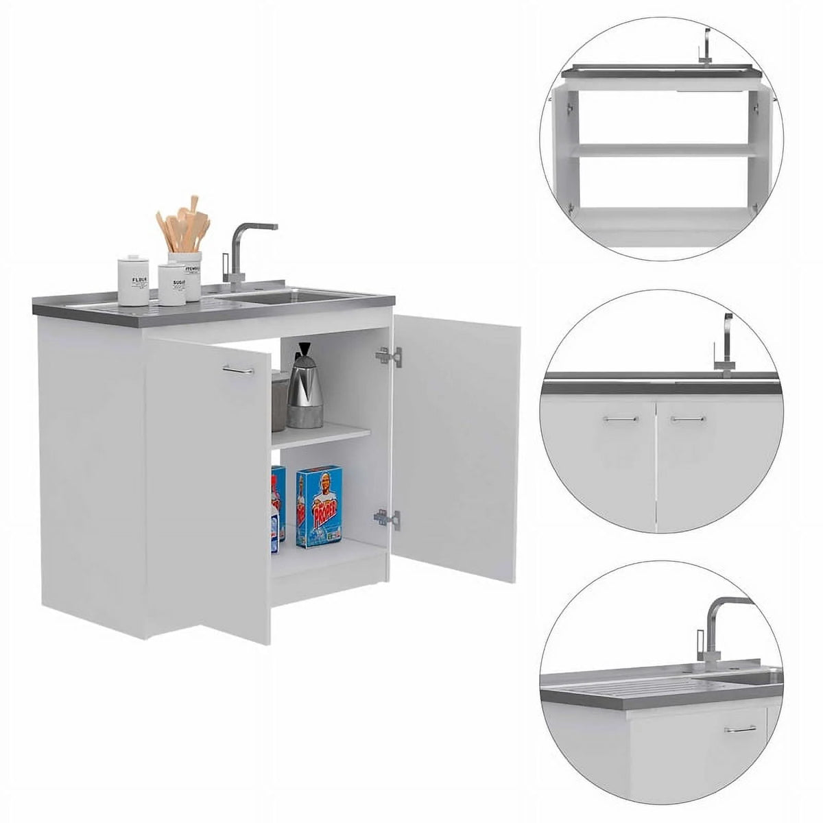 White Modern Engineered Wood Utility Sink with Cabinet G186623