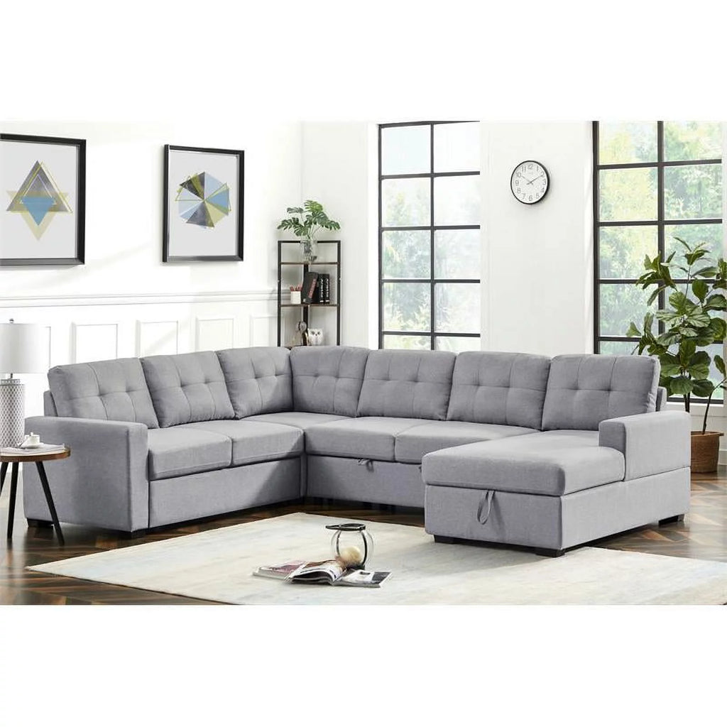 Light Gray Linen Sleeper Sectional Sofa with Storage Chaise A24044