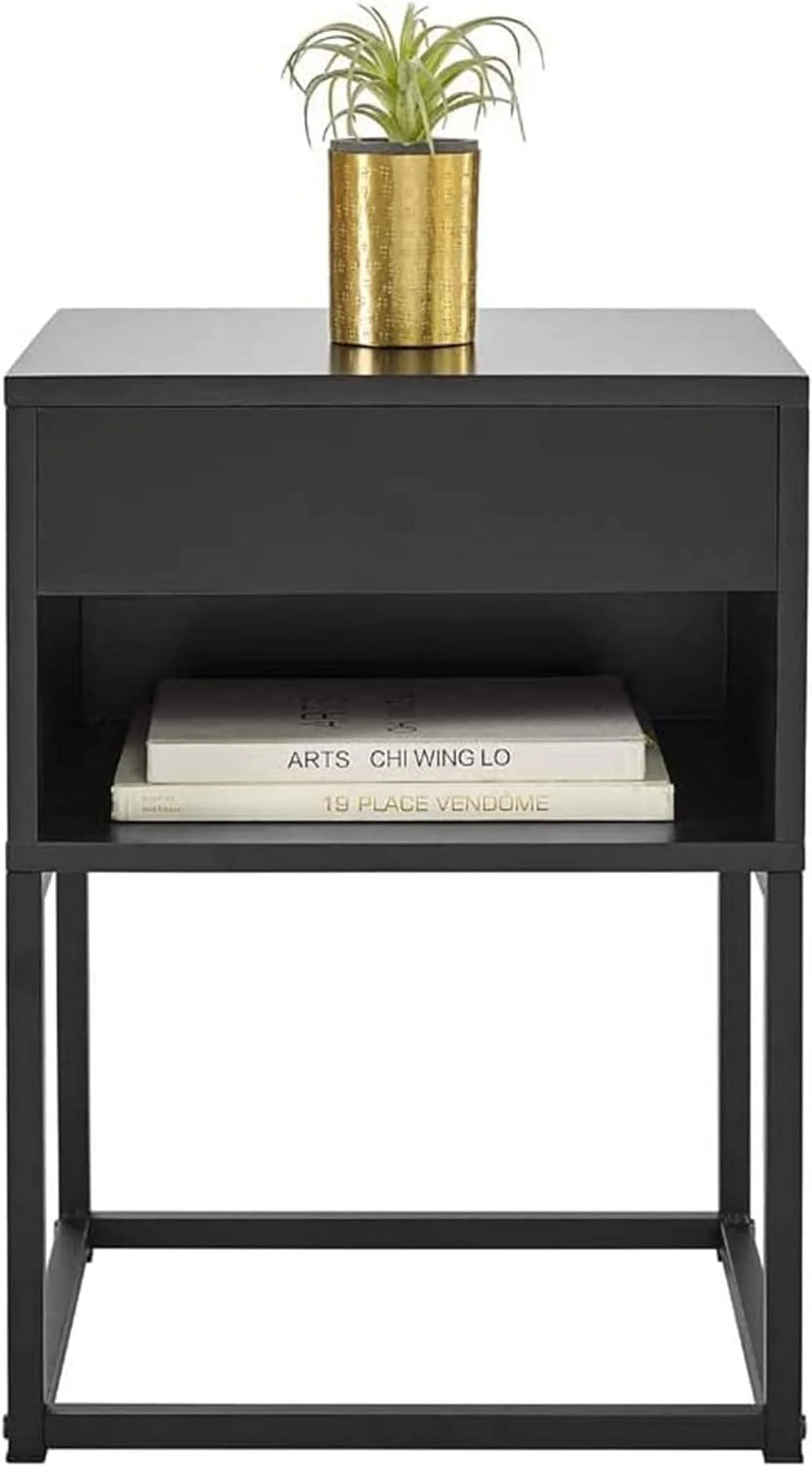 Black Rectangular End Table Nightstand with Drawer and Open Shelving O359