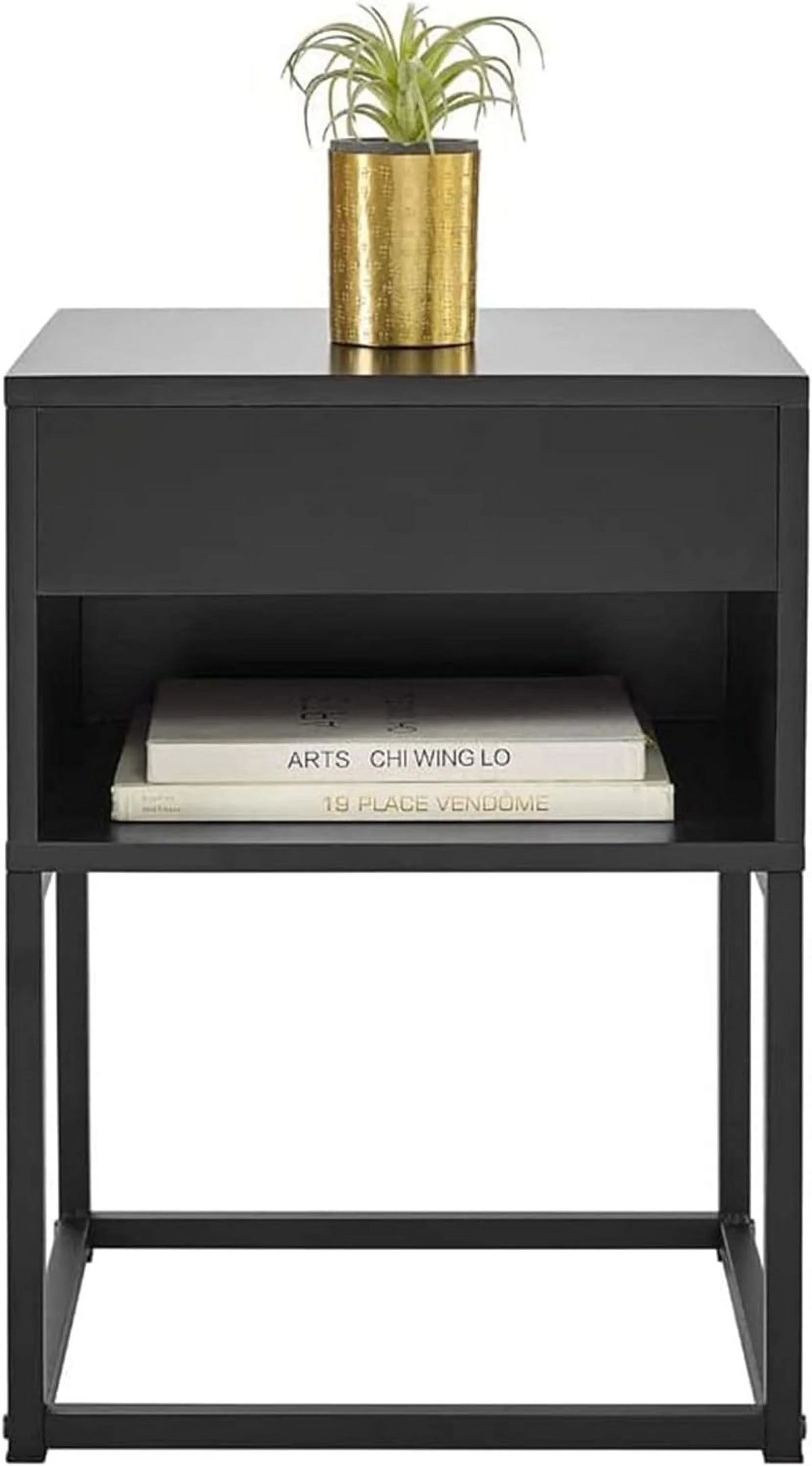 Black Rectangular End Table Nightstand with Drawer and Open Shelving O359
