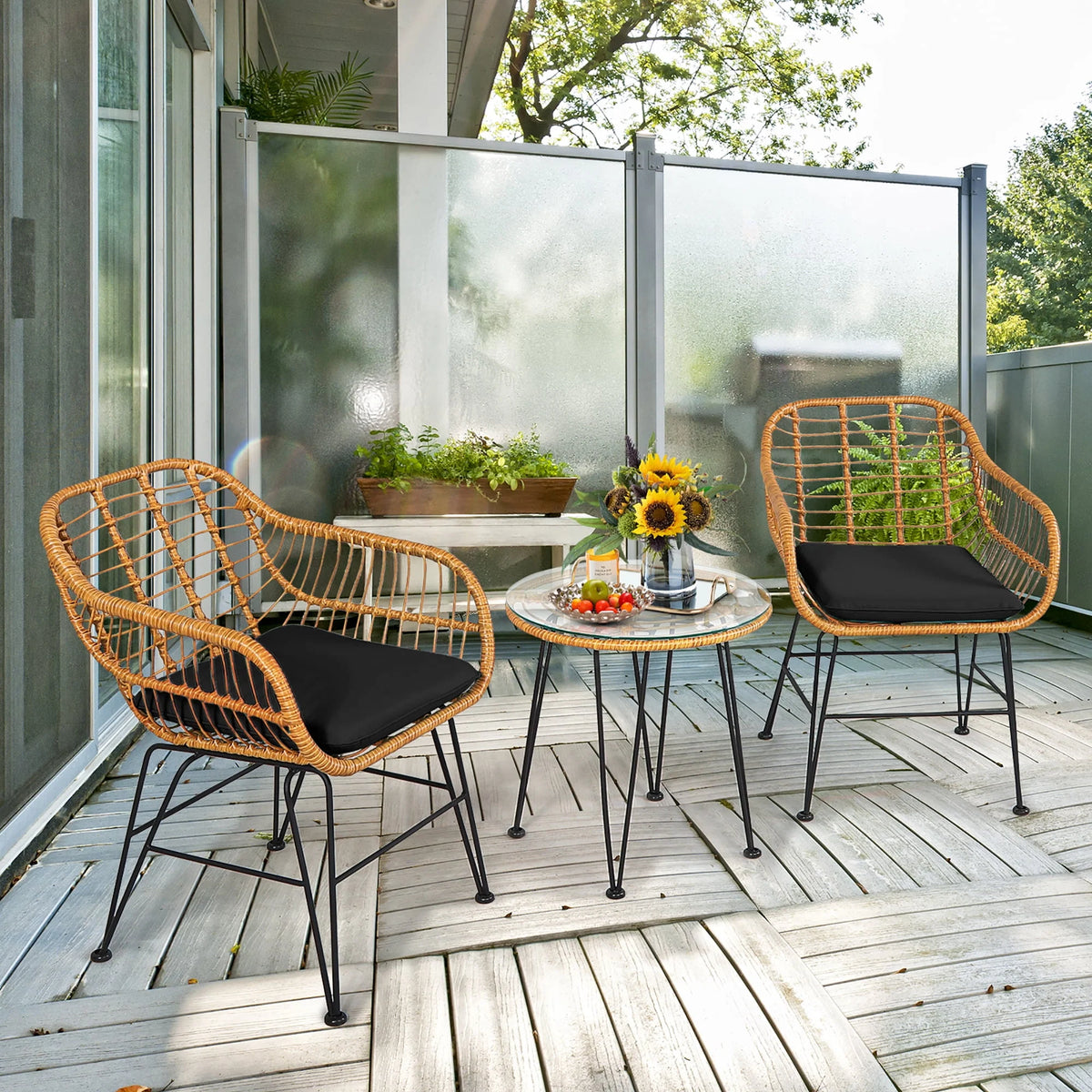 3 Pc Cushioned Patio Rattan Bistro Set R894