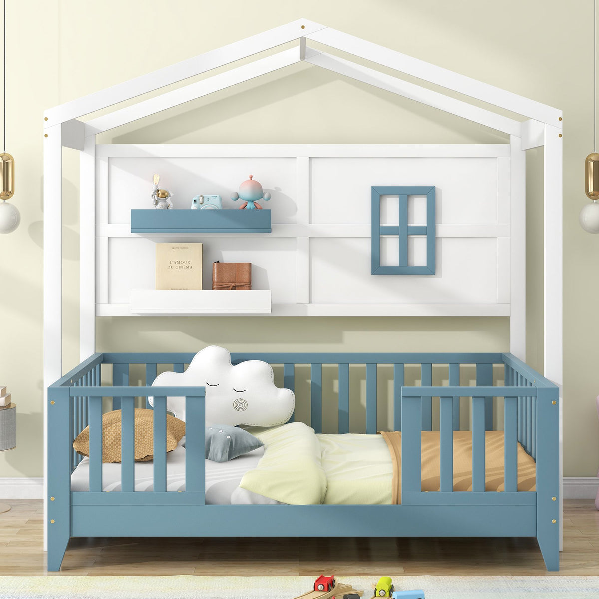 Twin Wood House Bed with 2 Shelves and Guardrail D10477