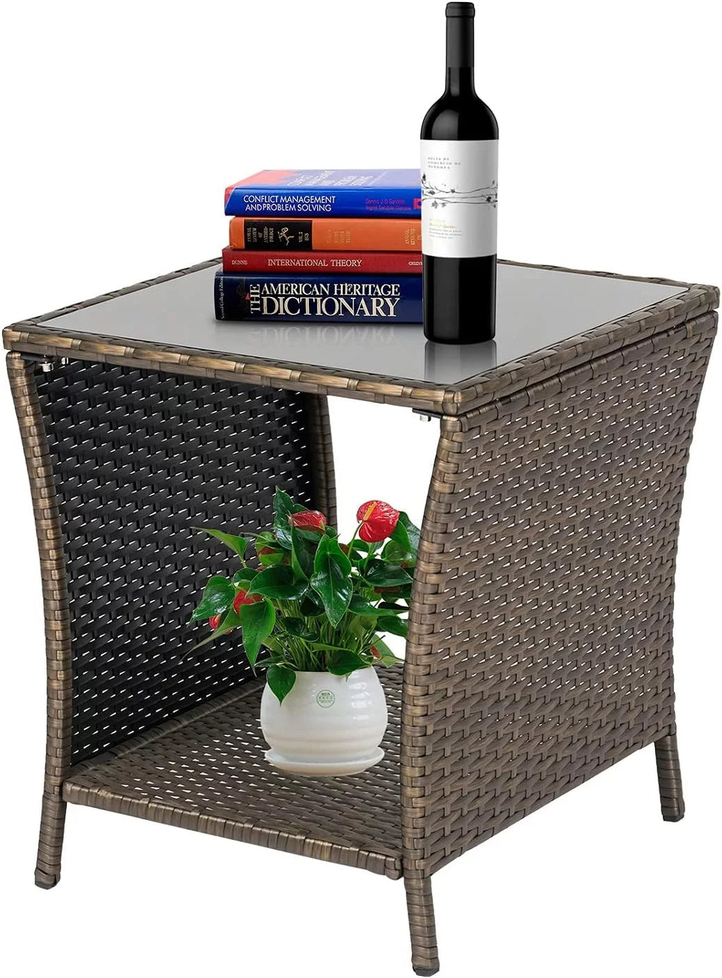 Brown Wicker Rattan Side Table with Storage L299827