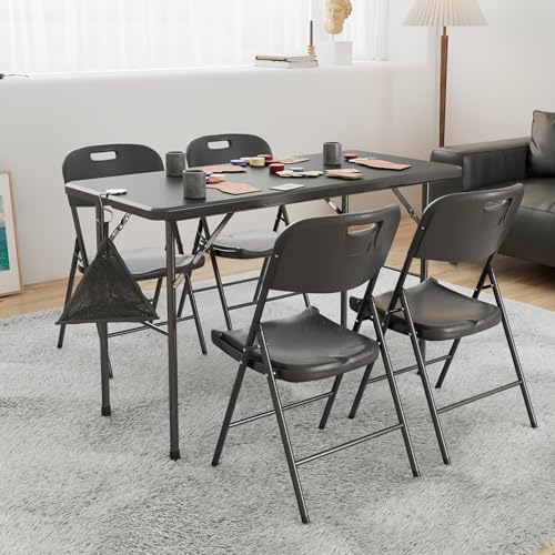 4 Pack Stackable Folding Chairs Plastic Seat Steel Frame Matte Black F790