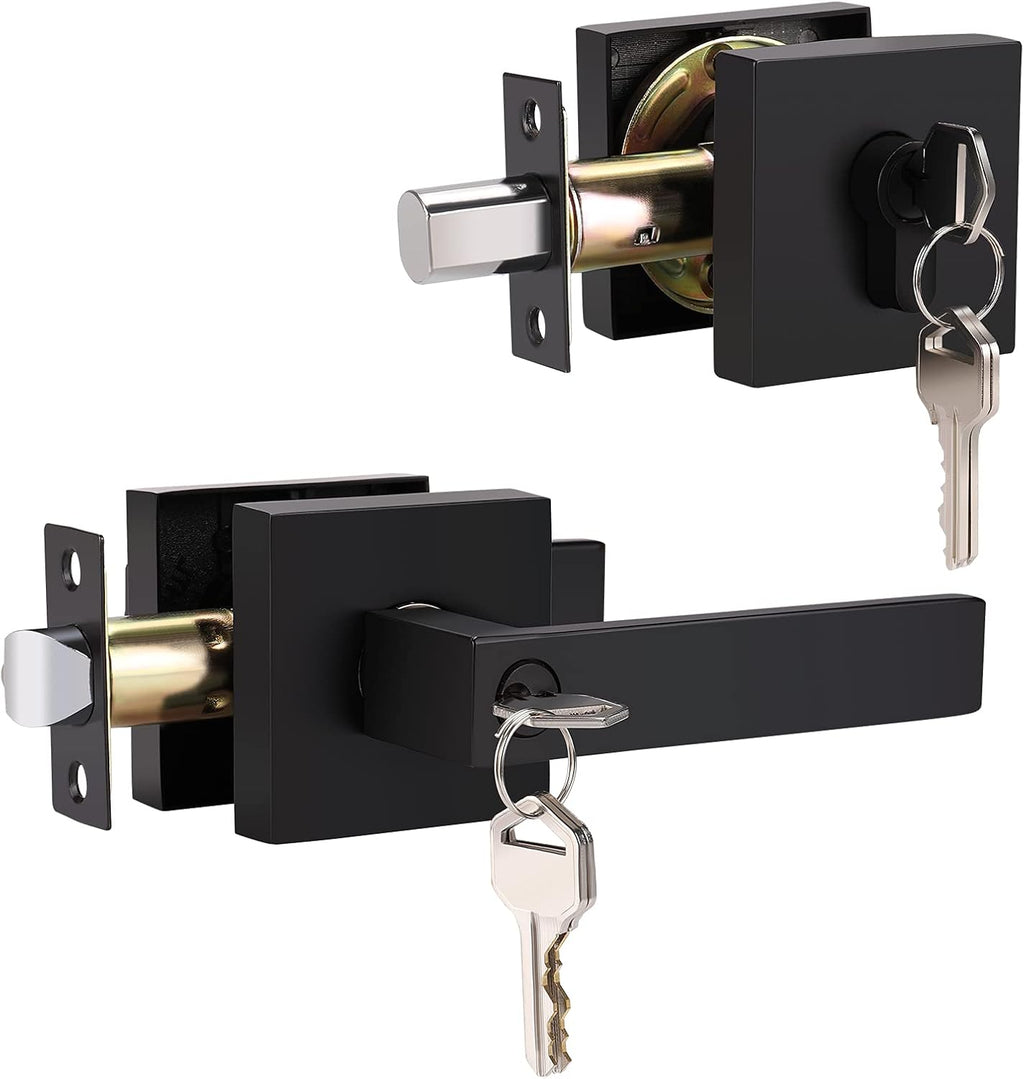 4 Pack Matte Black Entry Door Handle with Deadbolt Lock Set T659182