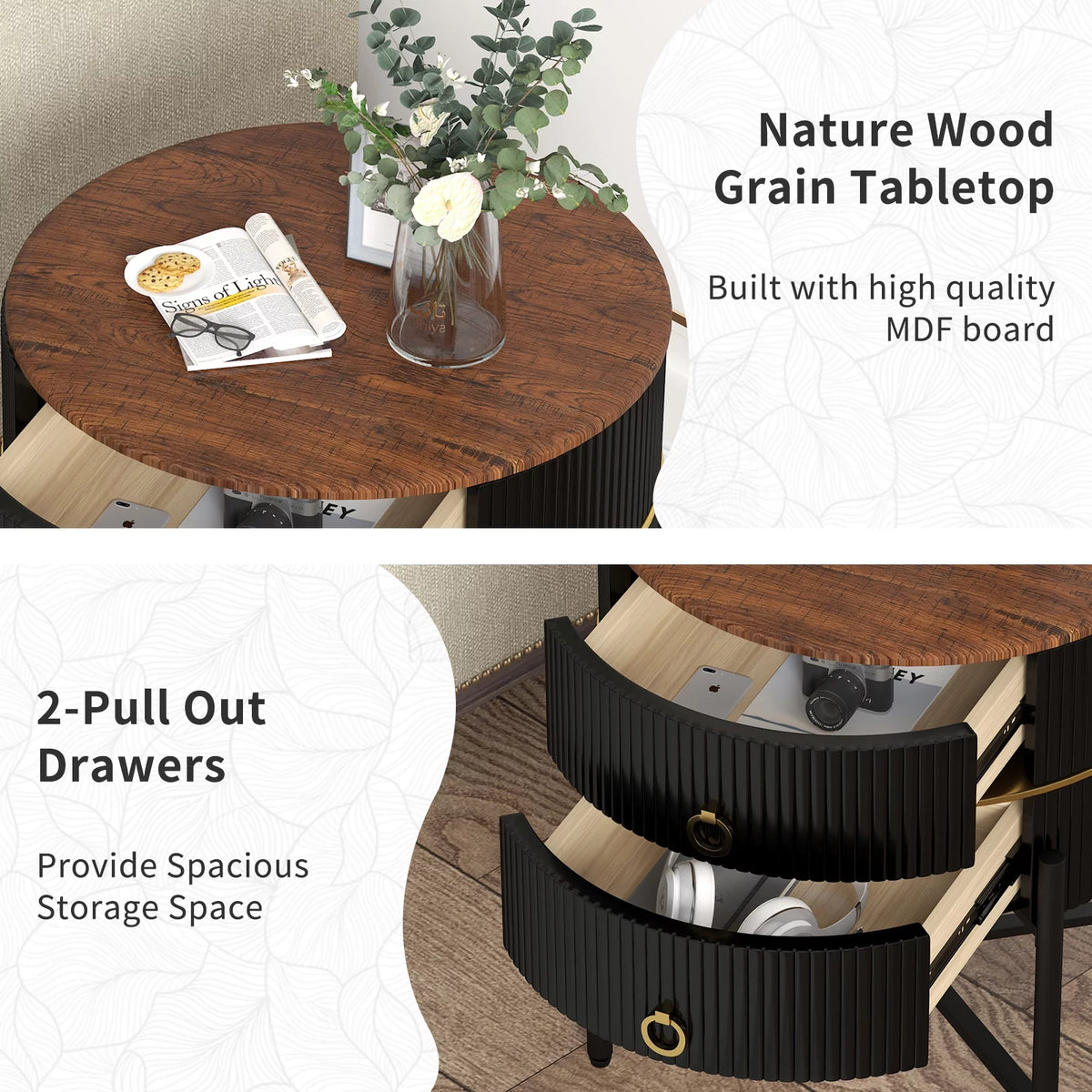 Black 2-Drawer End Table with X-Metal Base P454