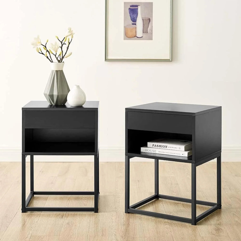 Black Rectangular End Table Nightstand with Drawer and Open Shelving O359