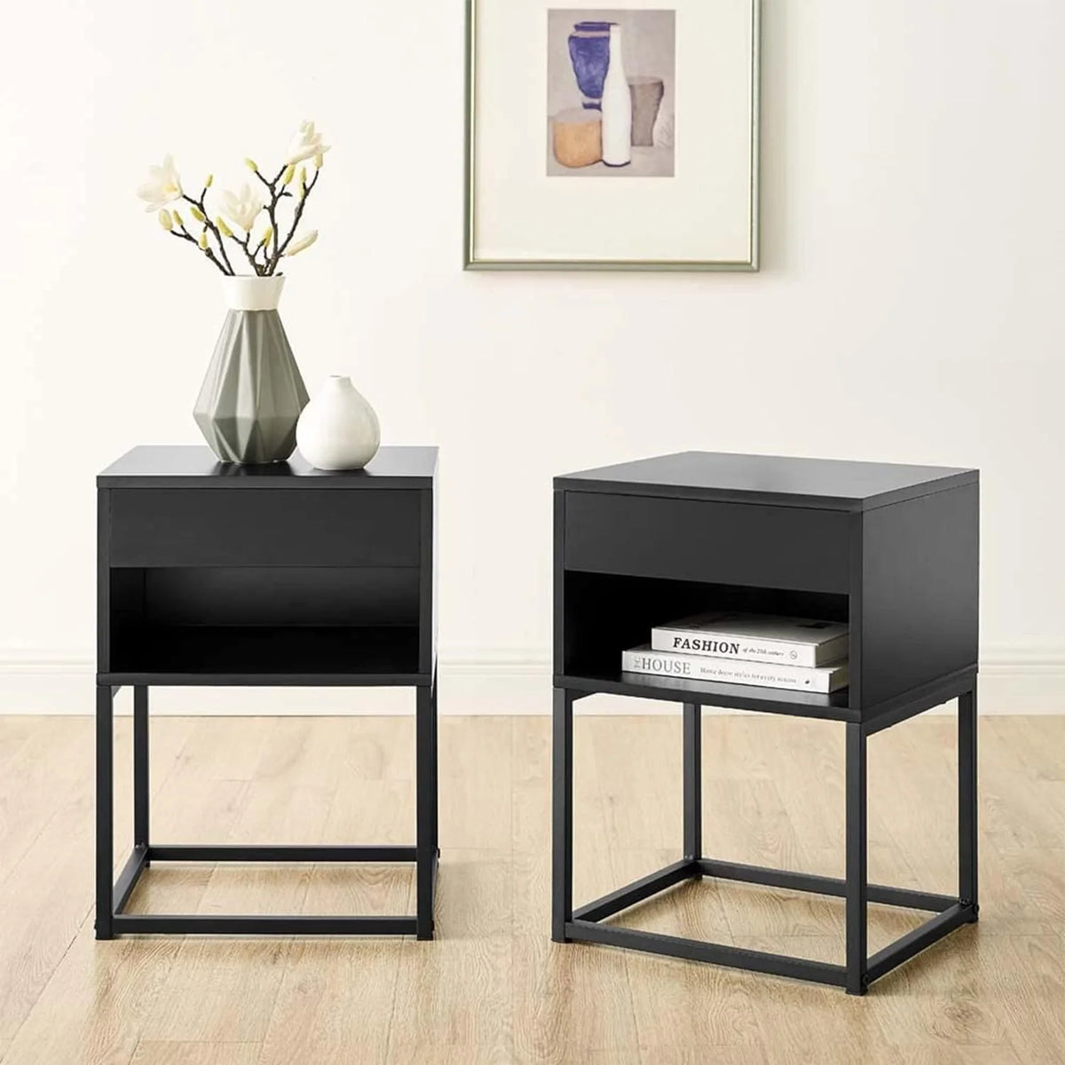 Black Rectangular End Table Nightstand with Drawer and Open Shelving O359