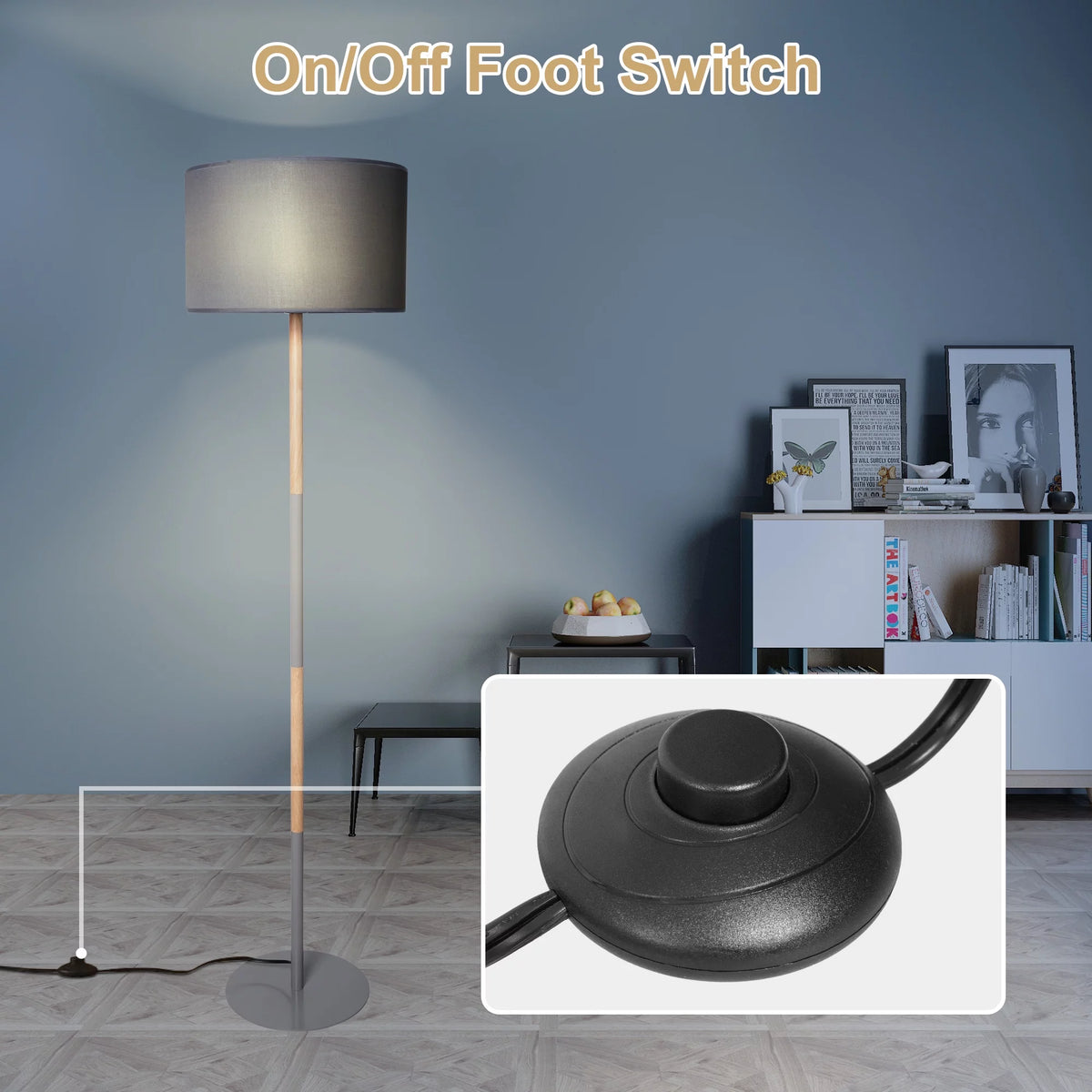 Modern Floor Lamp with 8W LED Bulb, Foot Switch & Fabric Lamp Shade E33643