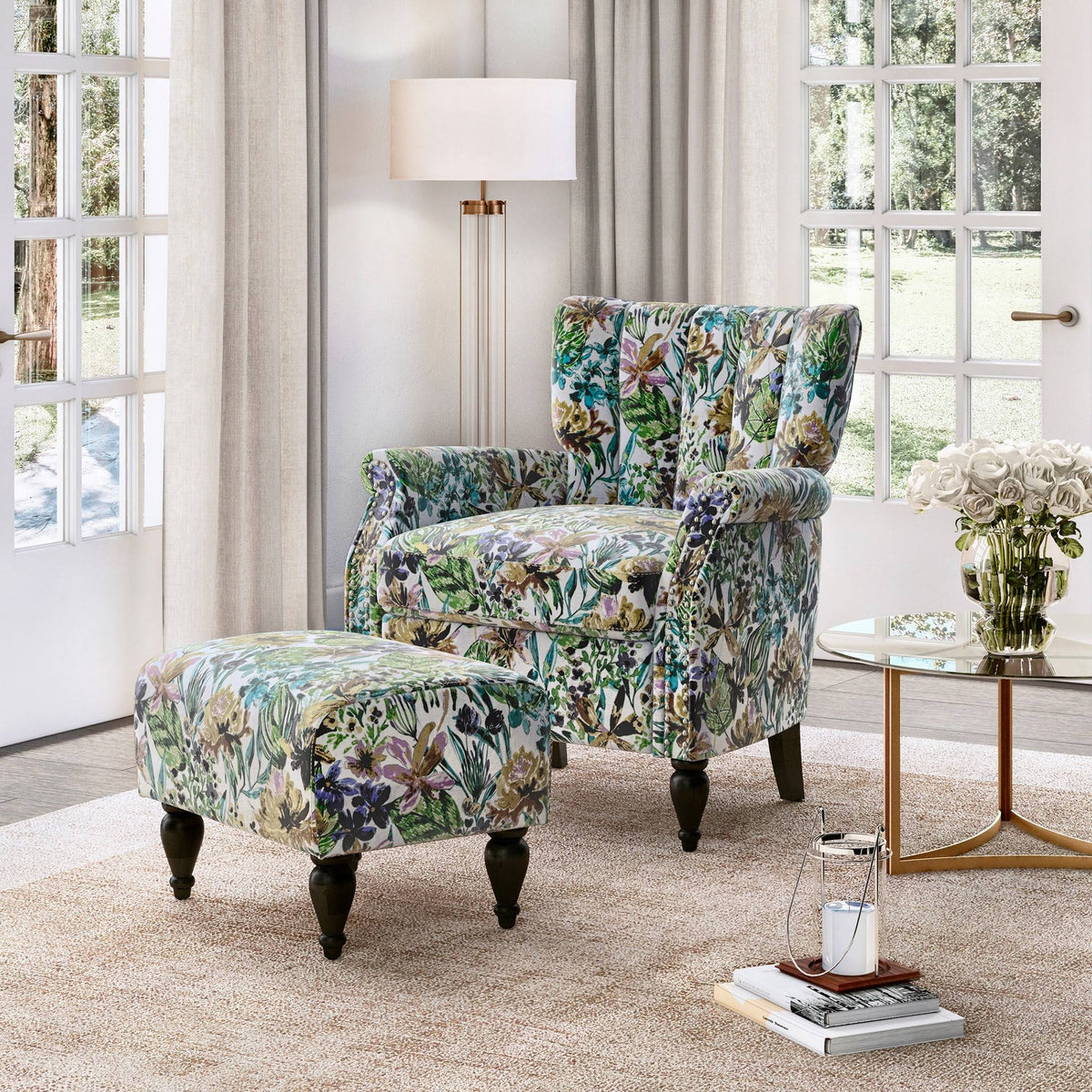Botanical Velvet Arm Chair and Ottoman J1128