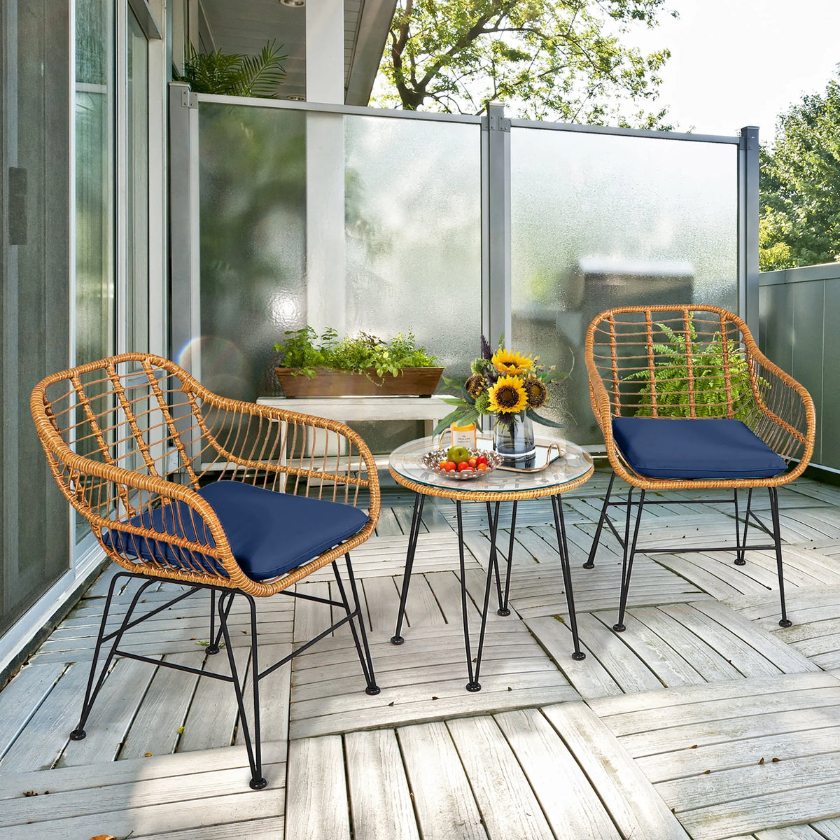 3 Pc Cushioned Patio Rattan Bistro Set R894