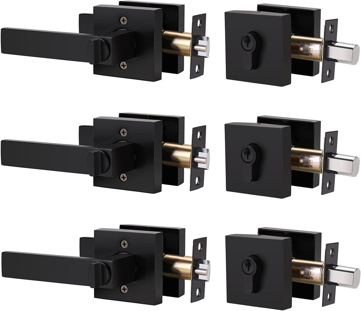 4 Pack Matte Black Entry Door Handle with Deadbolt Lock Set T659182
