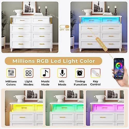 White 8 Drawer Led Dresser R46058