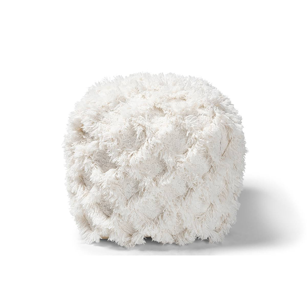 Ivory Handwoven Cotton Fringe Pouf Ottoman D713