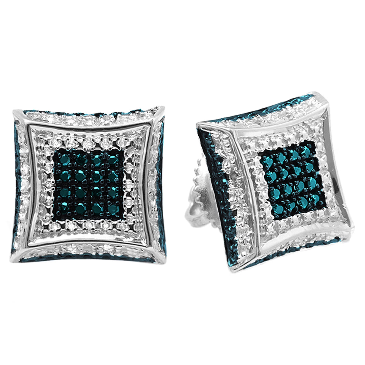 0.15 Carat Round Blue & White Diamond Micro Pave Screwback Stud Earrings in 925 Sterling Silver R8888