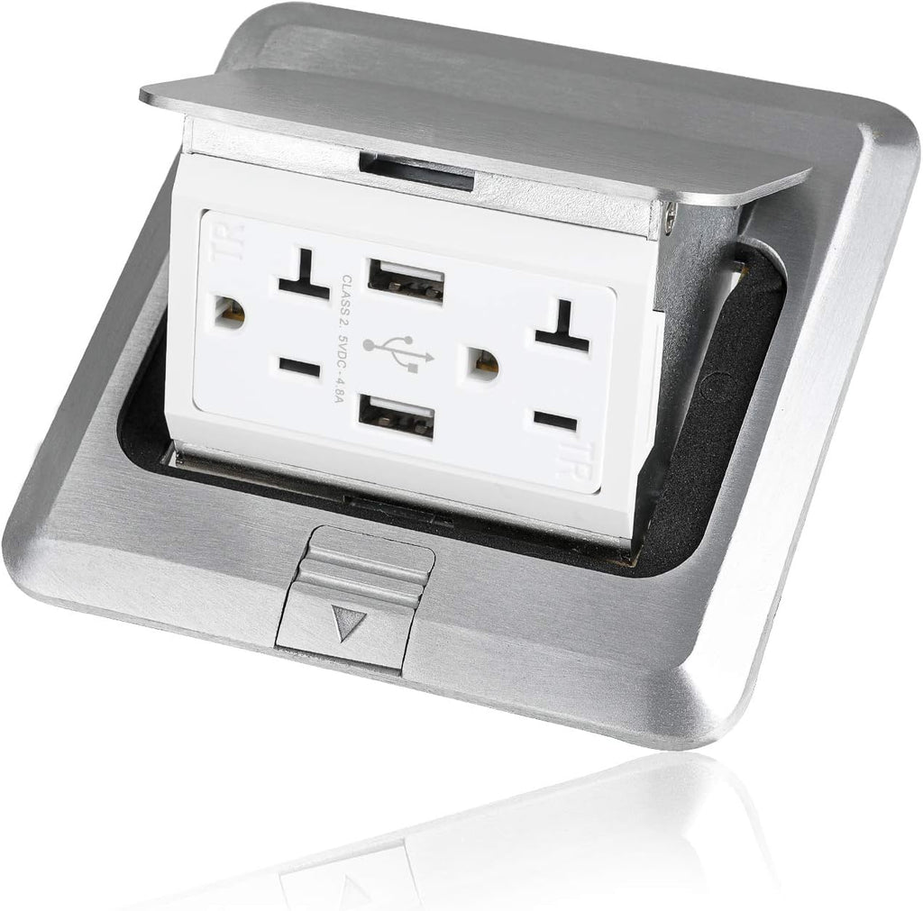 Pop Up Floor Electrical Outlet Stainless Steel Box Kit, USB Outlet, Tamper-Resistant Receptacle, Silver Pack of 2 H554652