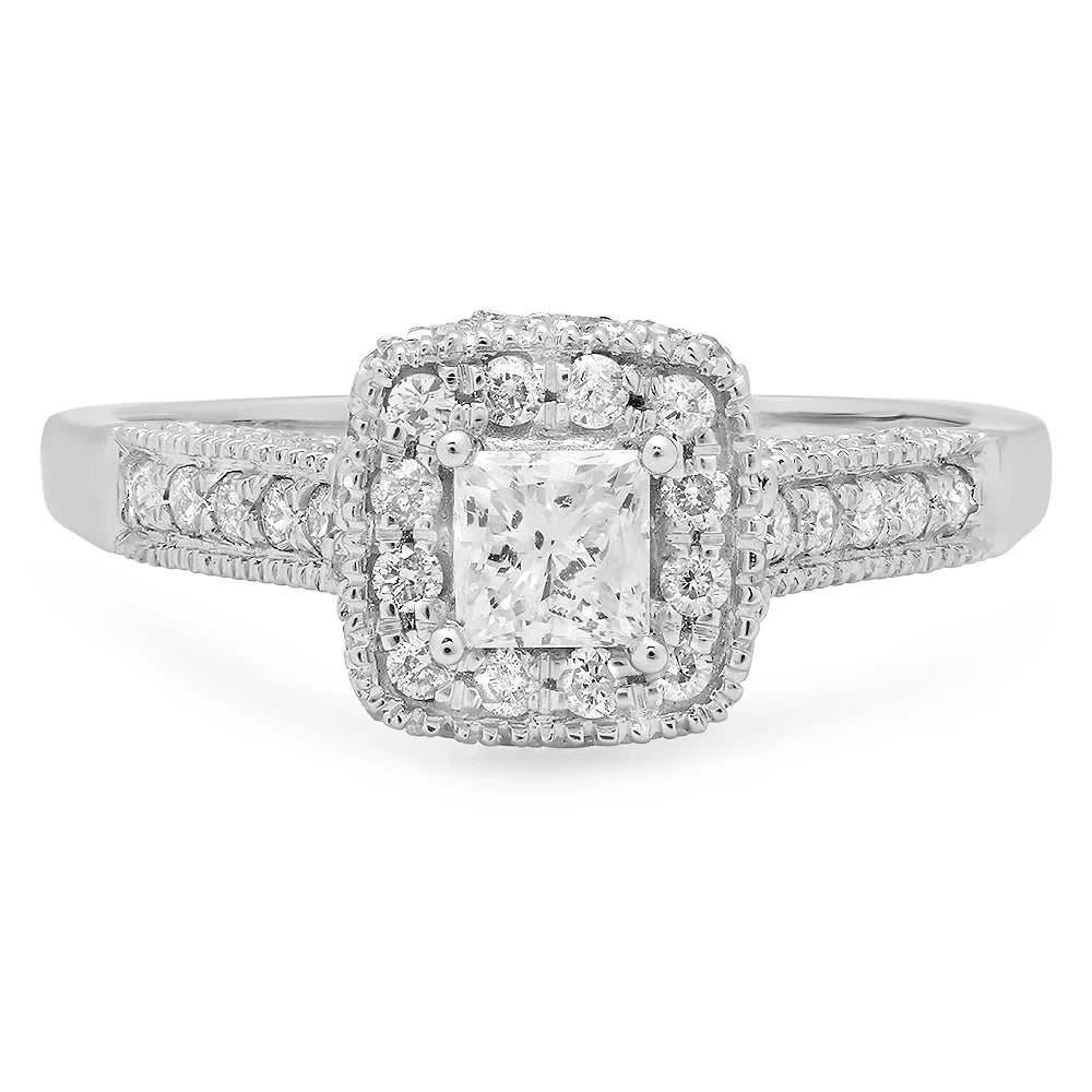 14k White Gold Princess Diamond Halo Engagement Ring G495