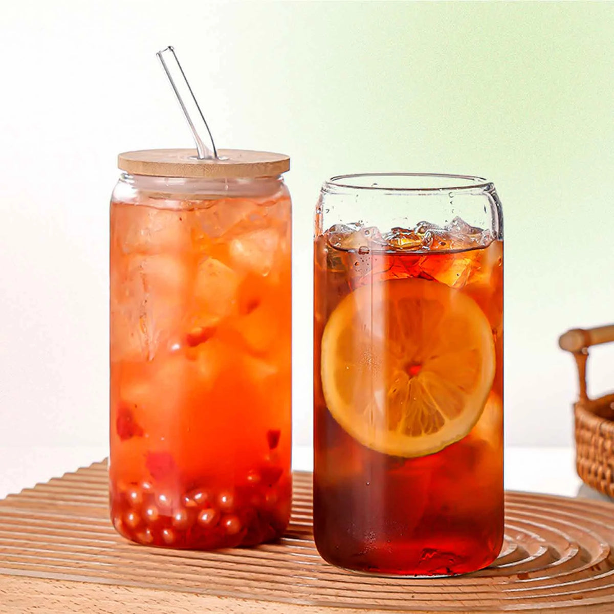 Can Shaped Glass Cups with Bamboo Lids and Glass Straw 6pcs L8589