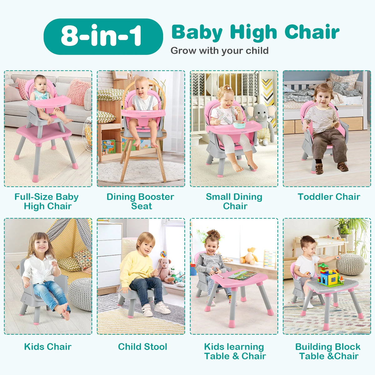 8-in-1 Convertible High Chair Booster Seat with Removable Tray Yellow C581