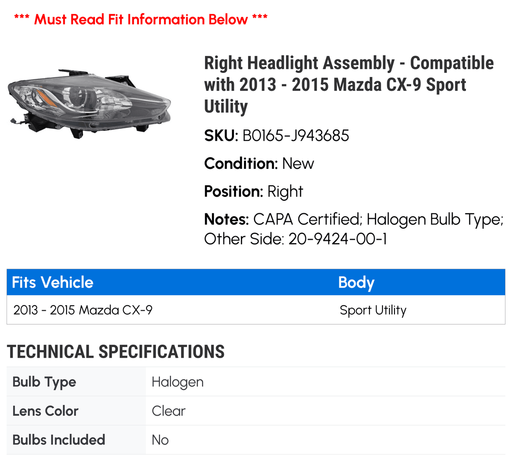Right Headlight Assembly O99876