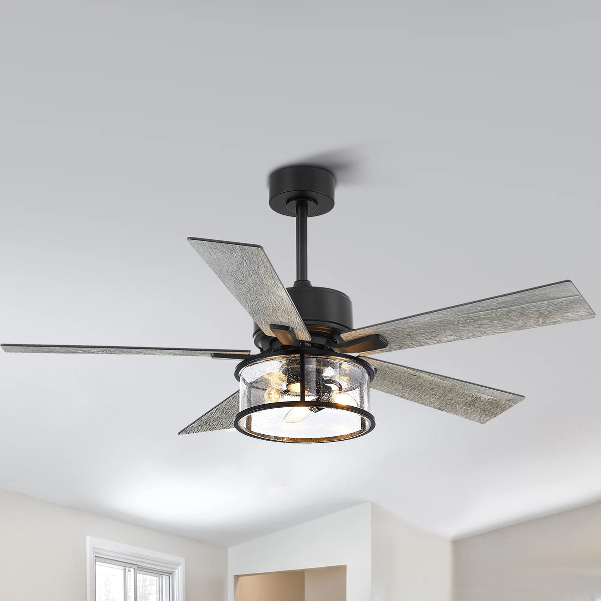 52" Matte Black Reversible Ceiling Fan with Light Kit I124148