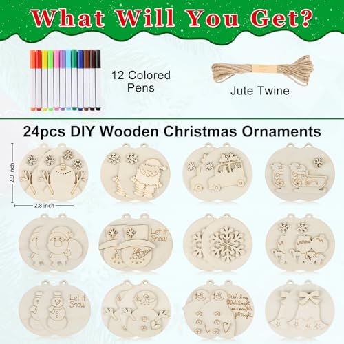 24 Pcs DIY Wooden Christmas Ornaments Painting Kit J33150