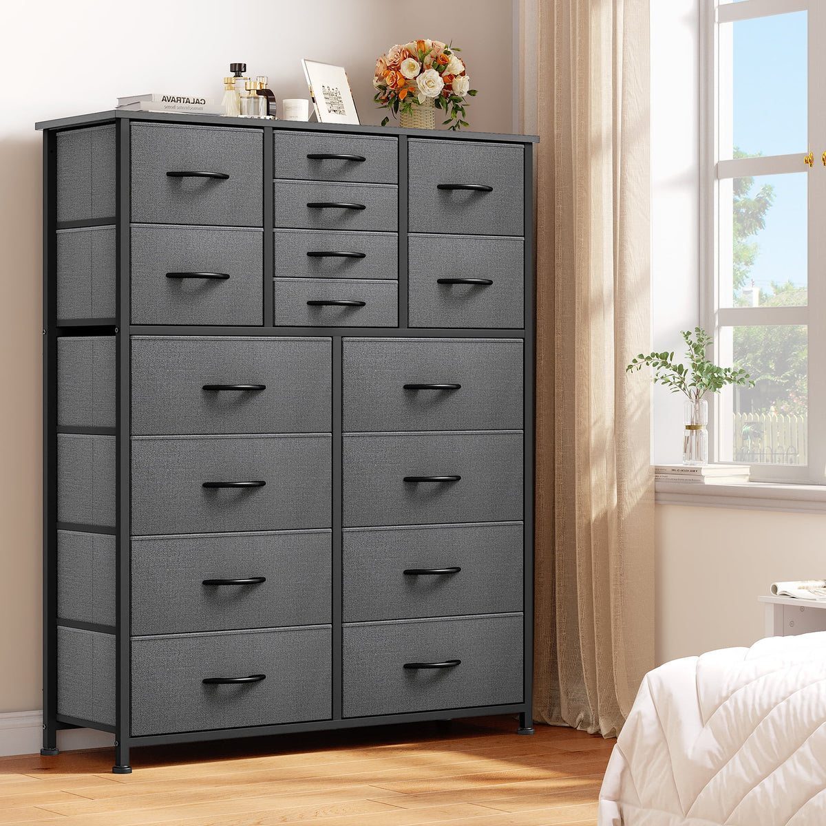 16 Drawer Fabric Dresser with Metal Frame and Wooden Top L923